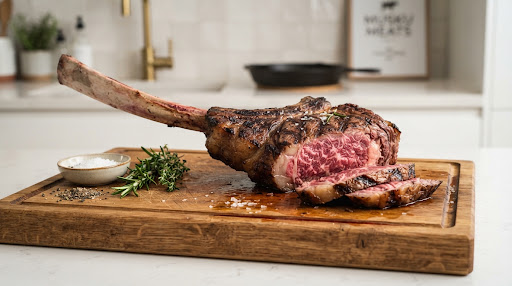 Massive Black Angus bone-in Tomahawk steak with a 40cm French trimmed rib bone resting on an oiled oak butcher board