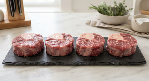Cross-cut veal osso buco cross-section disks showing pristine round bone with bone marrow centre on dark tray.