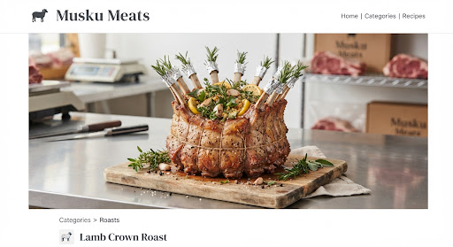 Spectacular circular lamb crown roast tied with butcher twine with stuffed herbs in the centre on polished steel counter.