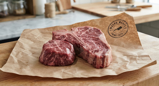 Thick cut raw prime porterhouse T-bone steak with prominent tenderloin fillet and striploin halves