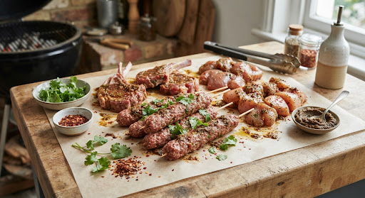 Handcrafted spiced lamb seekh kebabs and gourmet marinated grill meats seasoned with fresh coriander