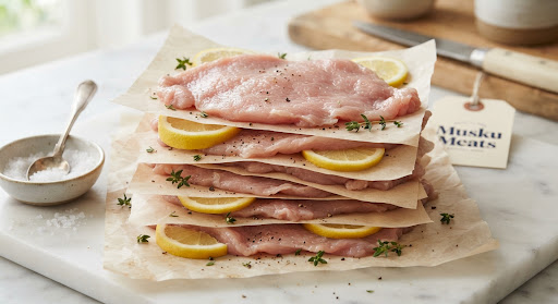 Thinly hand-pounded pale veal escalopes layered between butcher parchment sheets with fresh lemon slices.
