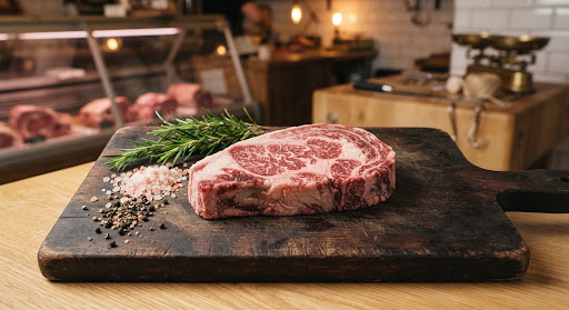 Raw marbled A5 Wagyu ribeye steak on a dark butcher cutting board with coarse pink rock salt crystals and fresh rosemary…