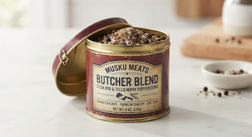 Retro metal spice tin containing coarse cracked butcher blend steak rub and whole Tellicherry black peppercorns.