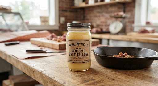 Glass jar of smooth golden rendered beef tallow fat with vintage kraft label on butcher counter next to a cast iron pan.