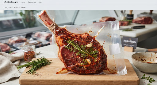 Vacuum packed bone-in tomahawk steak bathed in a deep red spiced smoked chili marinade with fresh herbs visible inside.